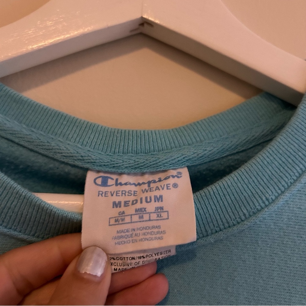 Champion Aqua Blue Sweatshirt Logo Crew Neck Pink Cozy Casual Soft Sporty Medium - Picture 7 of 10